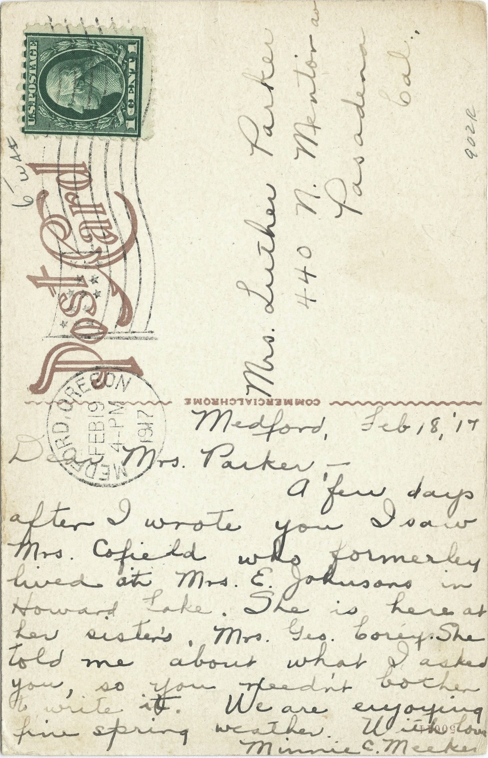 Postcard from Minnie Meeker, February 1917