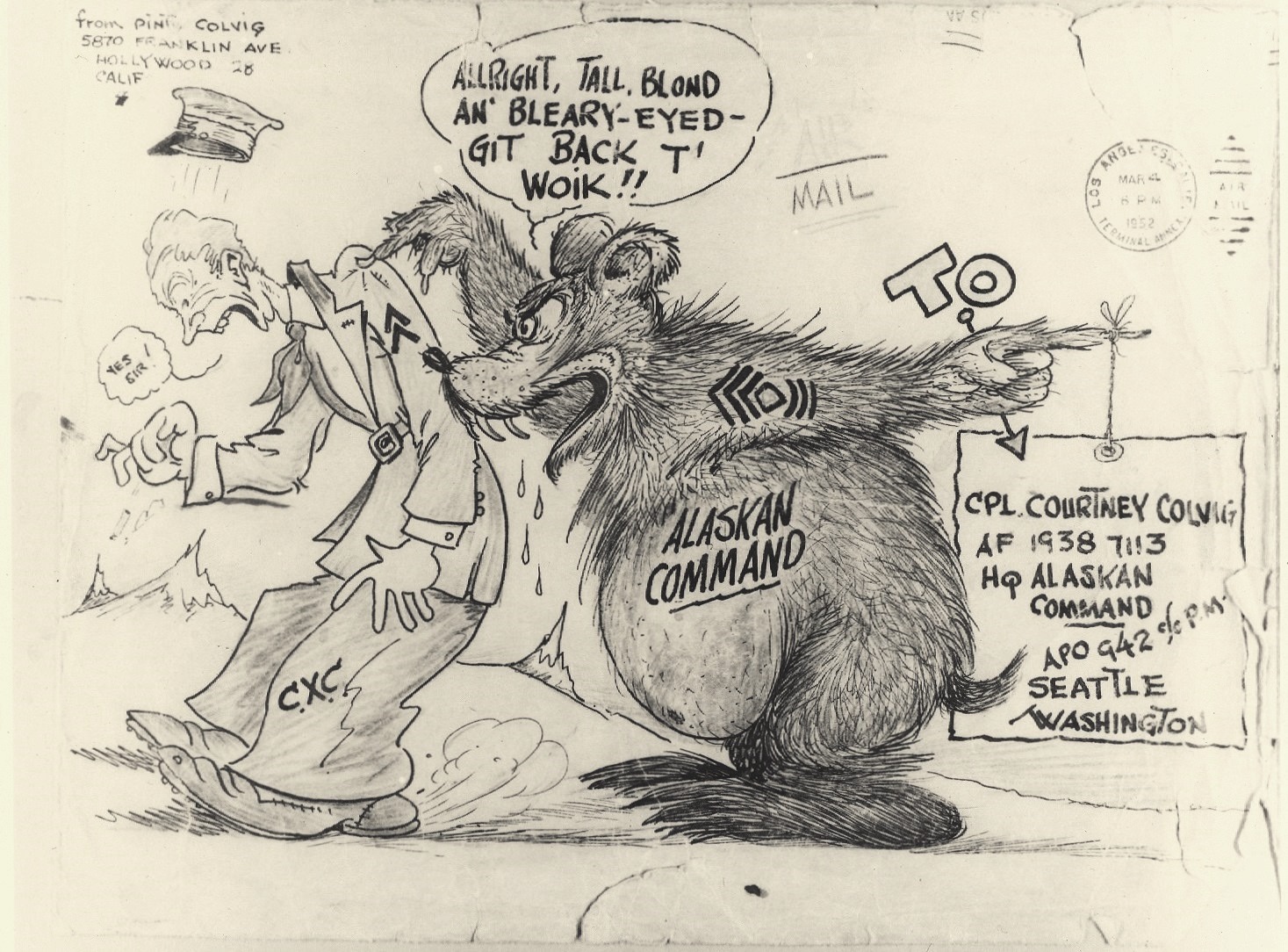 Pinto Colvig decorated envelope, postmarked March 4, 1952