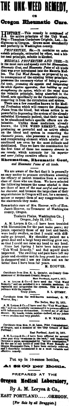 Unk Weed Remedy ad, September 7, 1872 Oregon Sentinel